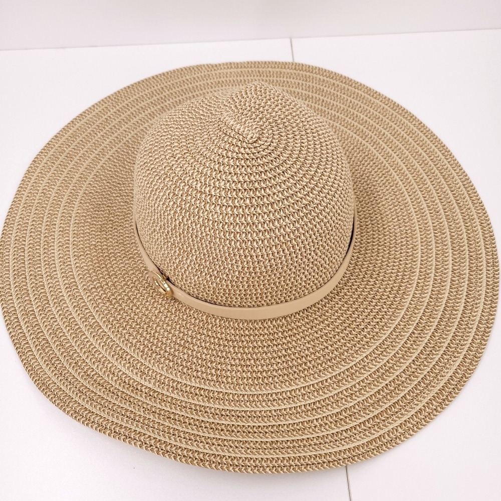 I.N.C. Wide-Brim Straw Floppy Sun Hat Natural Multi Embellished Gold Clasp